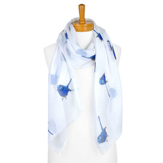 A cotton ladies scarf that has a white background and  medium sized blue Splendid Fairy Wrens.