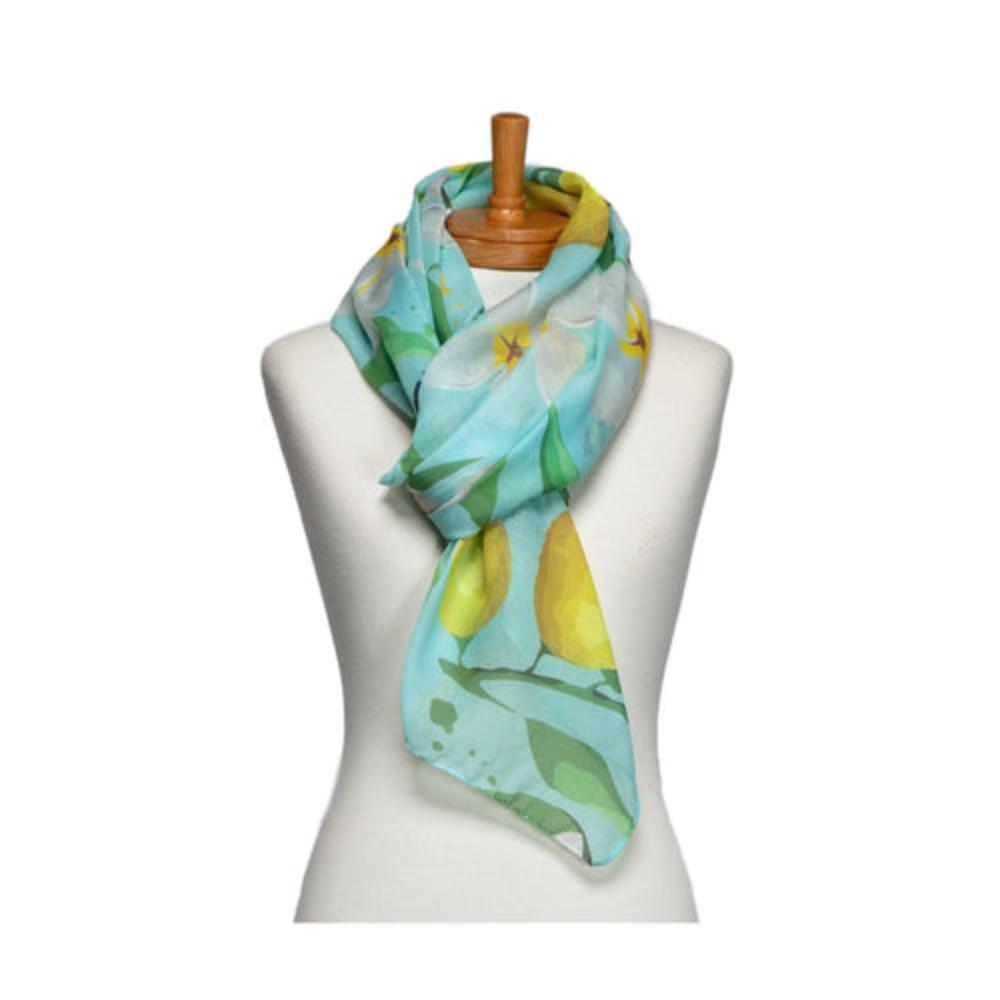 a bright and colourful ladies scarf that has a bright aqua blue background, bright yellow lemons and green leaves