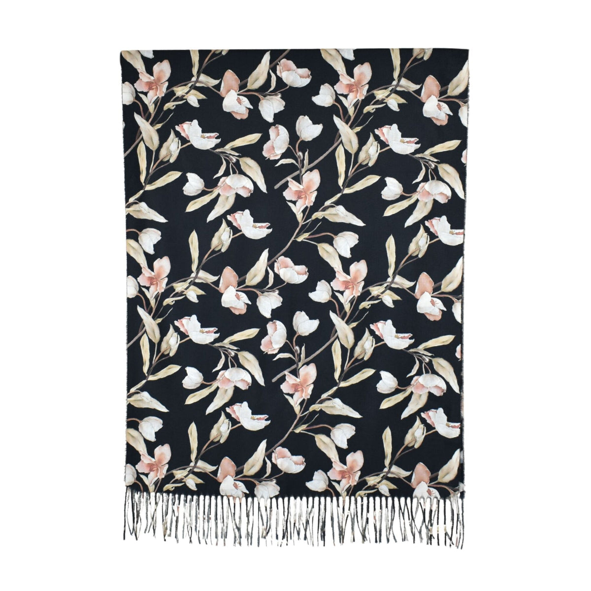 Floral patterned scarf with fringes on a black background