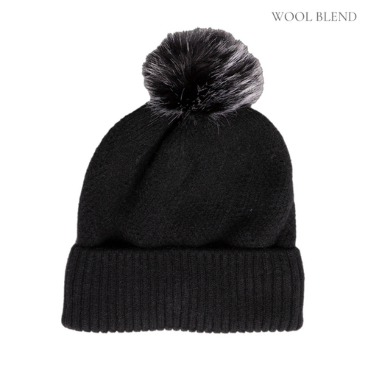 Black knit beanie with a fur pom-pom on a white background