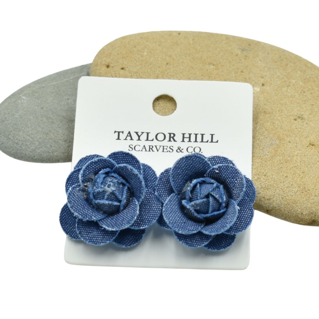 Blue Denim Rose Stud Earrings