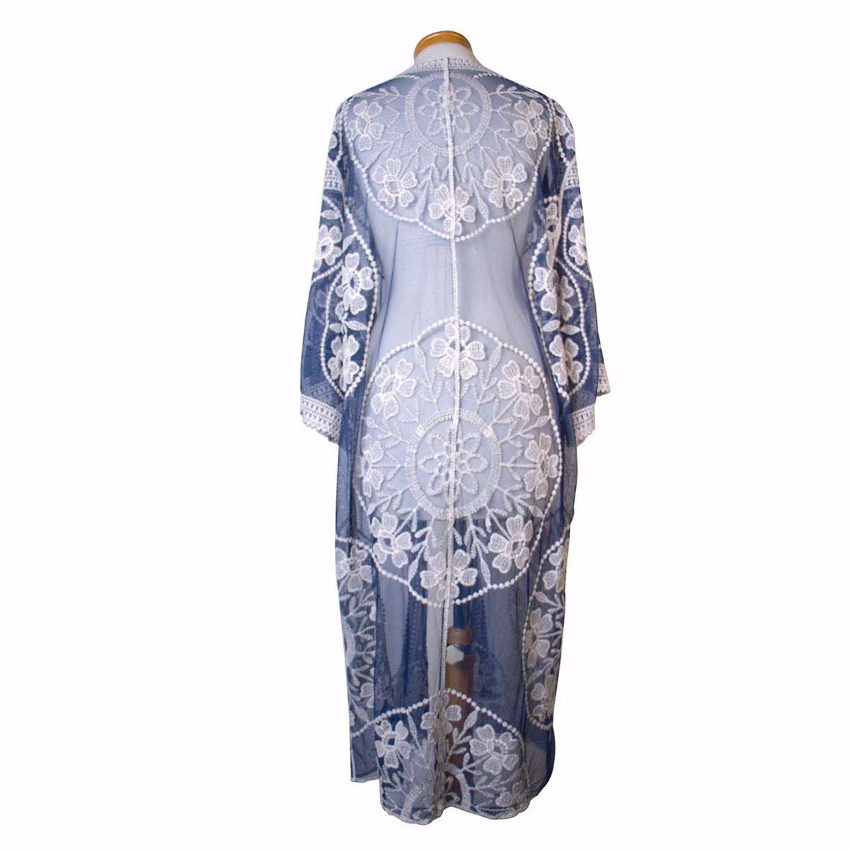 Blue lace kimono on a mannequin against a white background