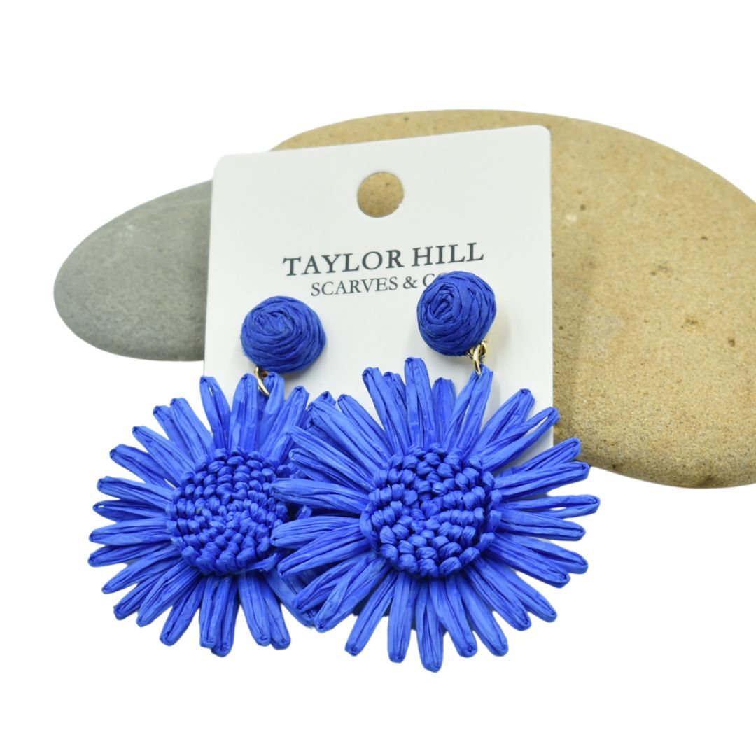 Ladies Blue Flower Raffia Drop Earrings