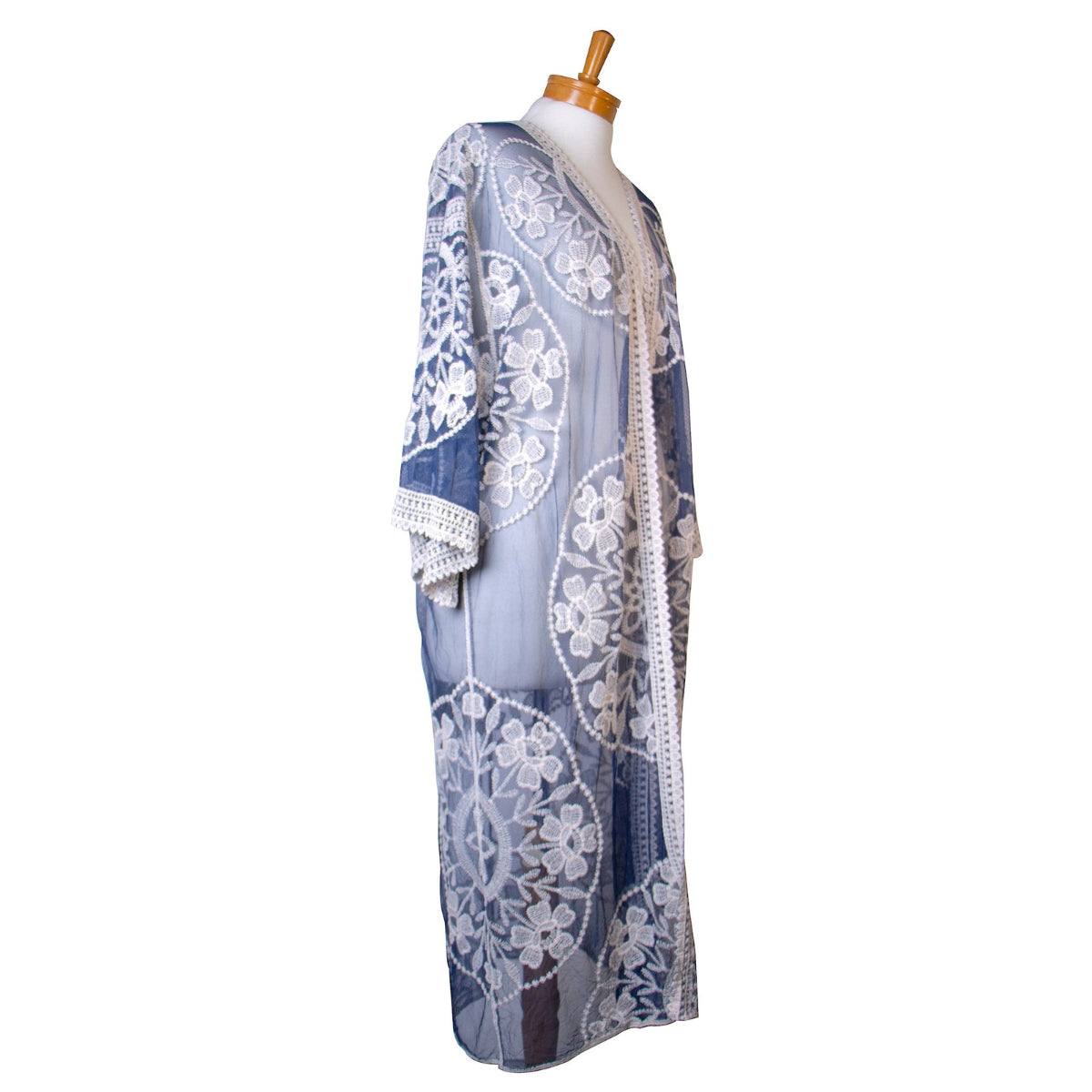 Blue lace kimono on a mannequin against a white background