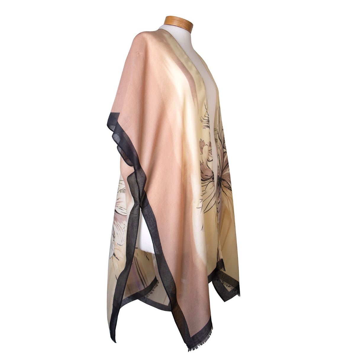 Beige kimono with floral design on a mannequin against a white background