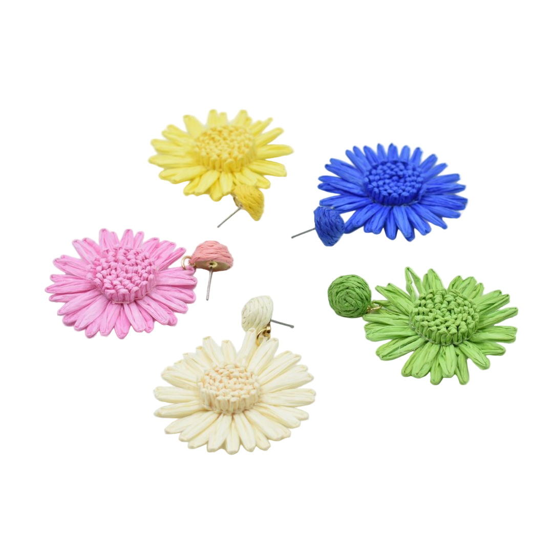 Ladies Green Flower Raffia Drop Earrings