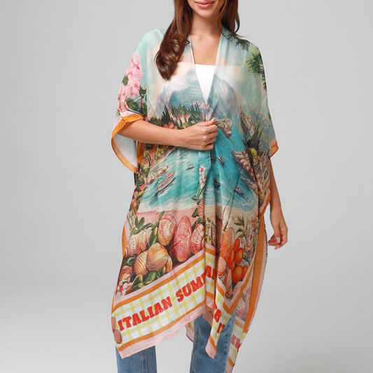 Woman wearing a colorful kimono-style garment with 'Italian Summer' text on a plain background