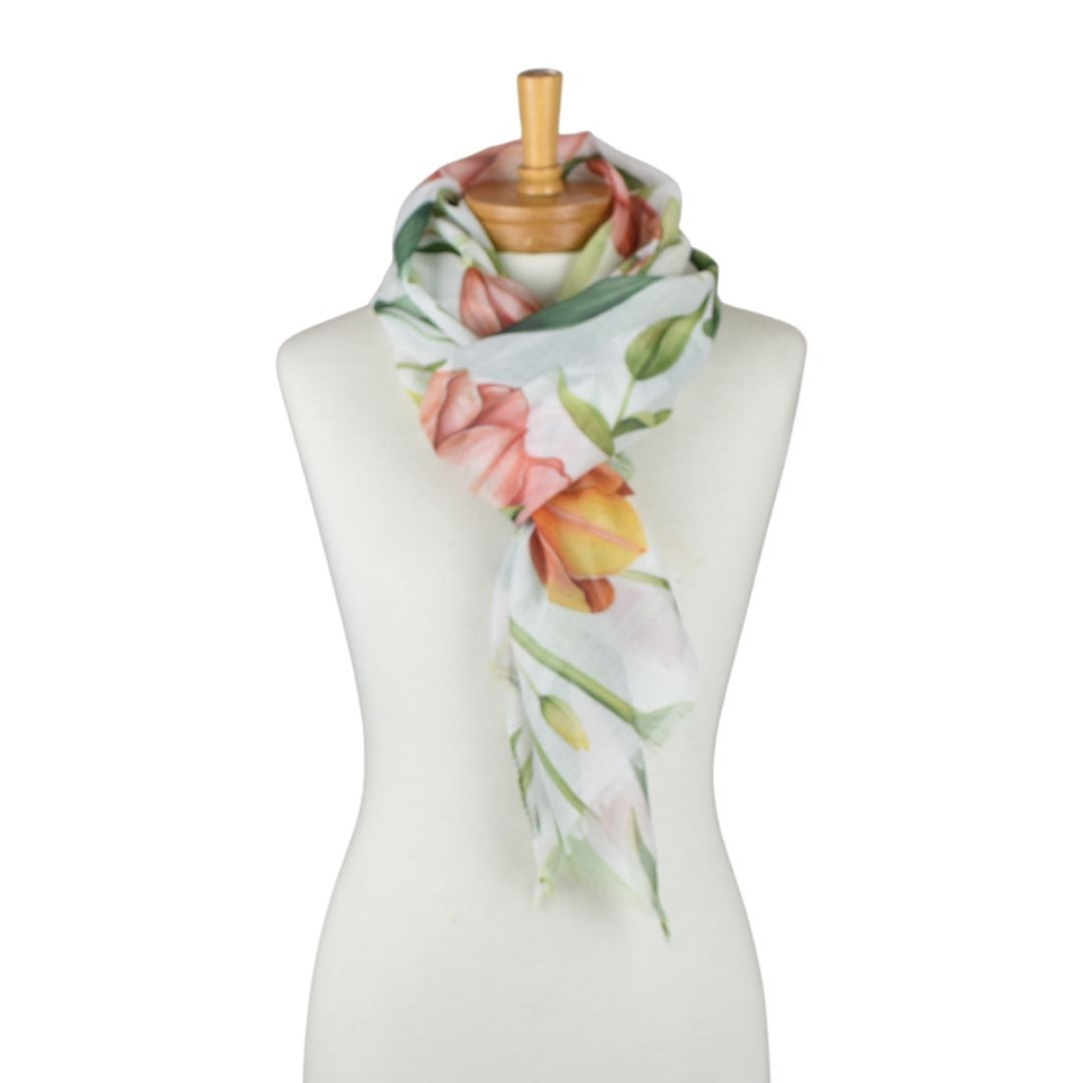 Floral scarf on a mannequin with a white background