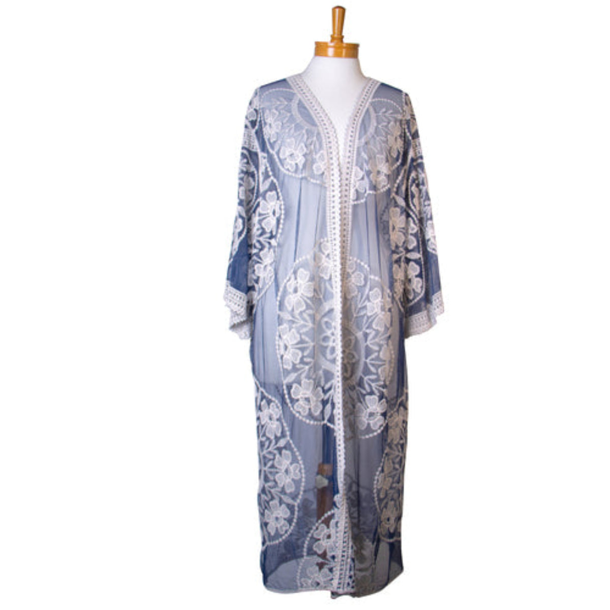 Blue lace kimono on a mannequin against a white background