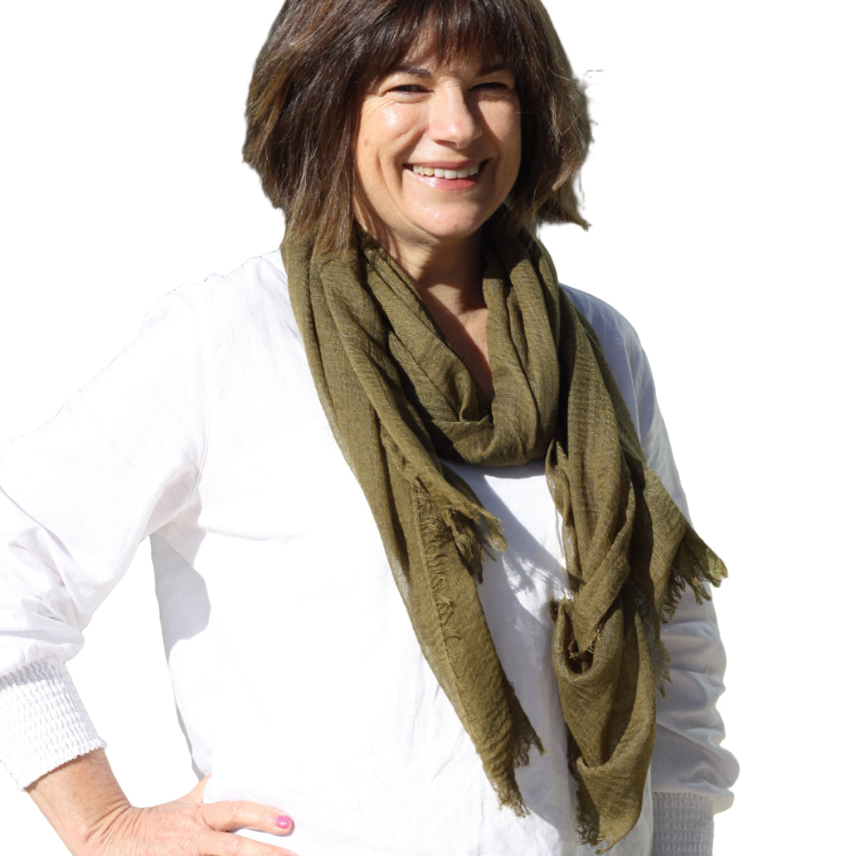 Woman wearing a green scarf on a white background