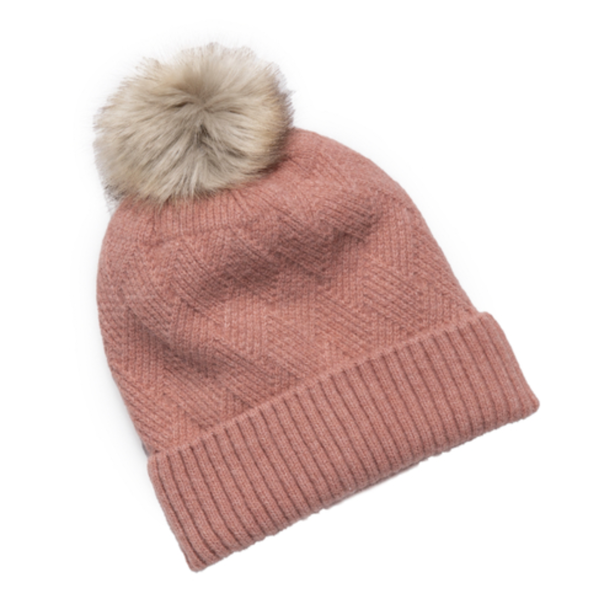Pink knit beanie with a faux fur pom-pom on a white background