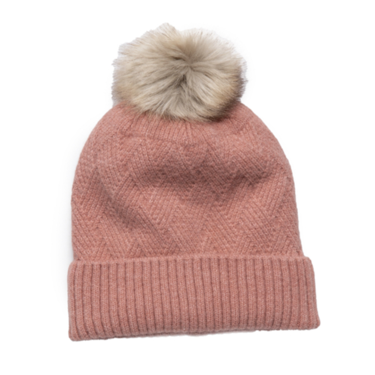 Pink knit beanie with a fur pom-pom on a white background