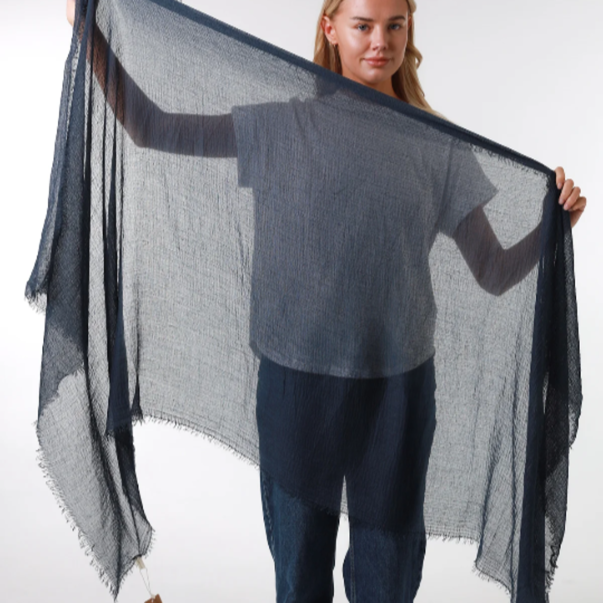 Plain Navy Crinkle Scarf