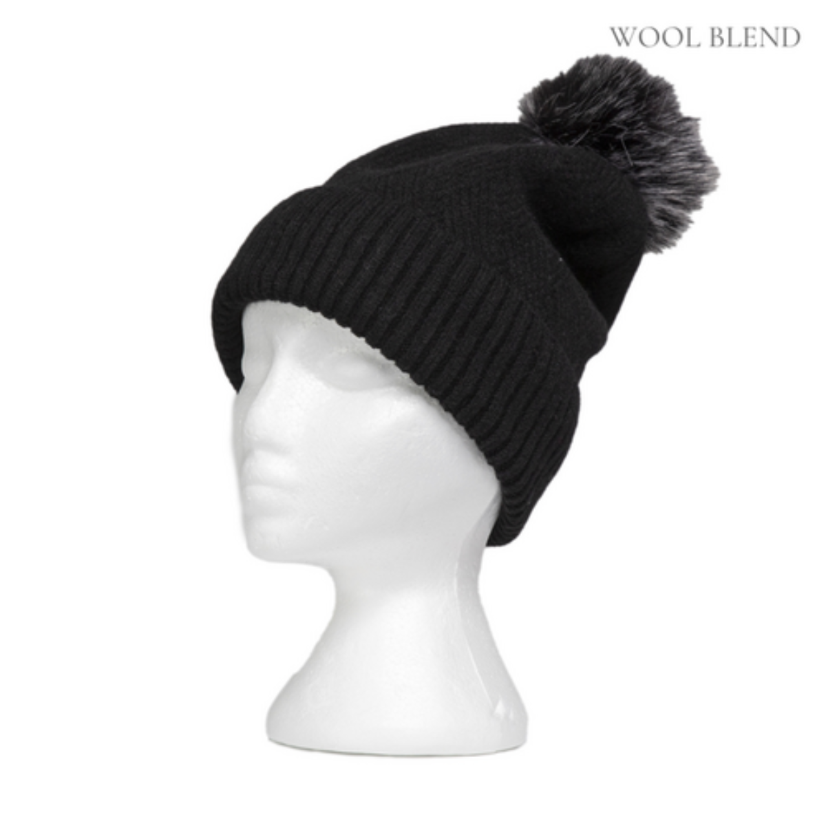 Black knitted beanie with pom-pom on a mannequin head against a white background