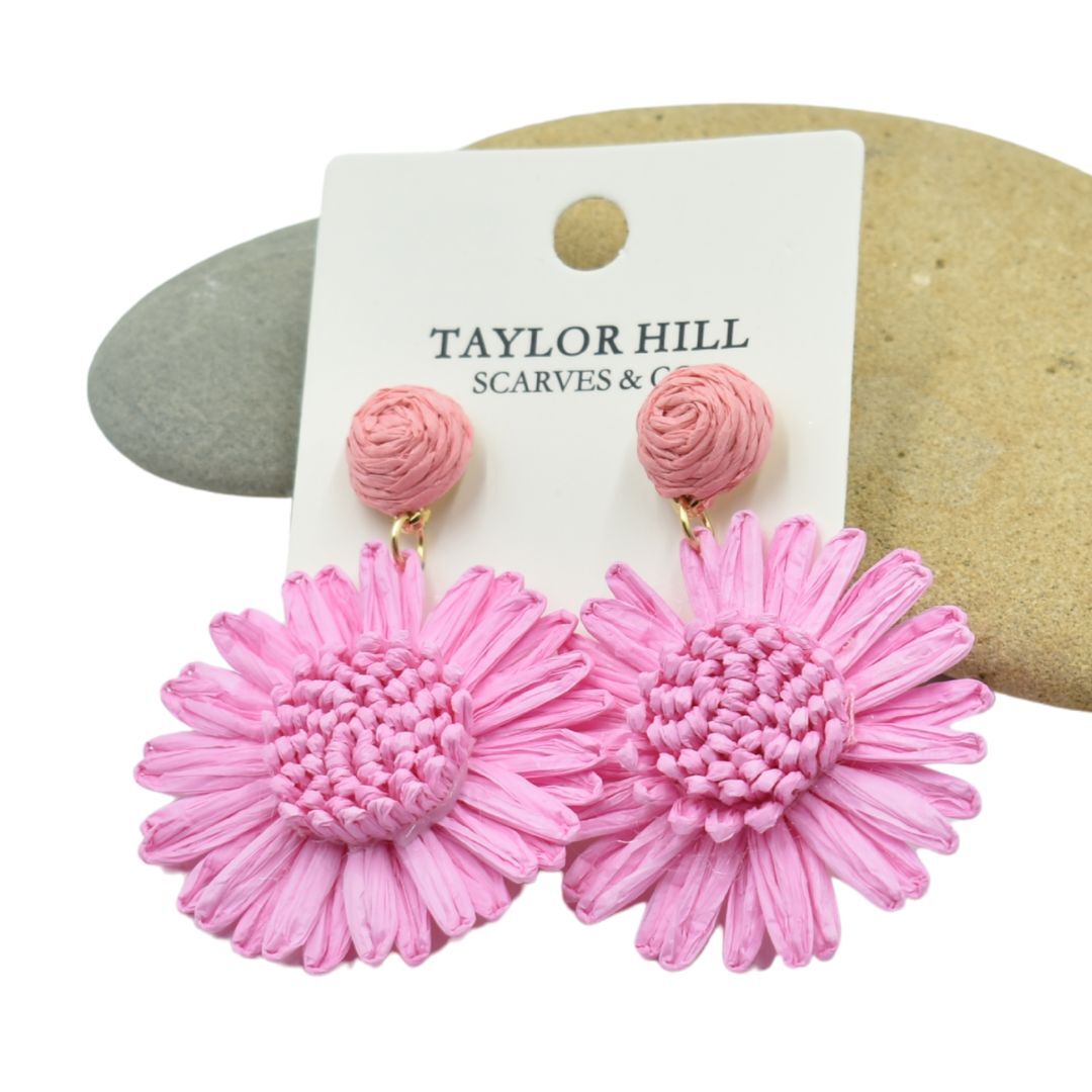 Ladies Pink Flower Raffia Drop Earrings