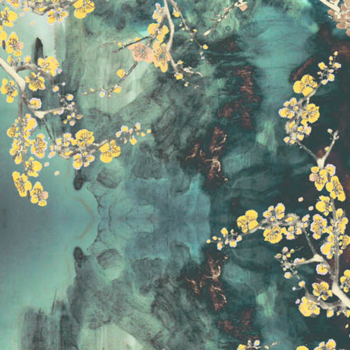 a scarf with an artistic depiction of floral branches with a green and blue background