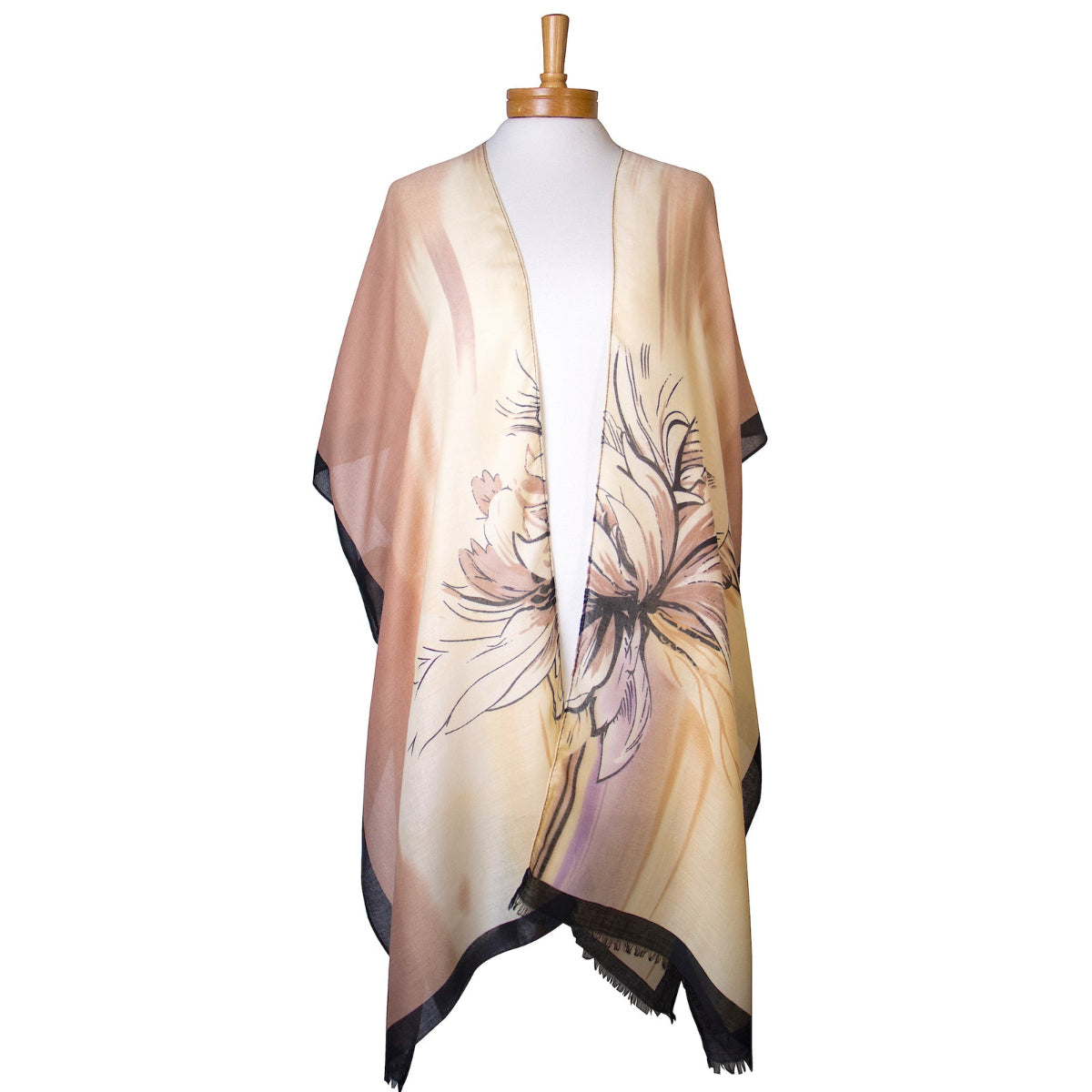 Beige floral patterned kimono on a mannequin with a white background