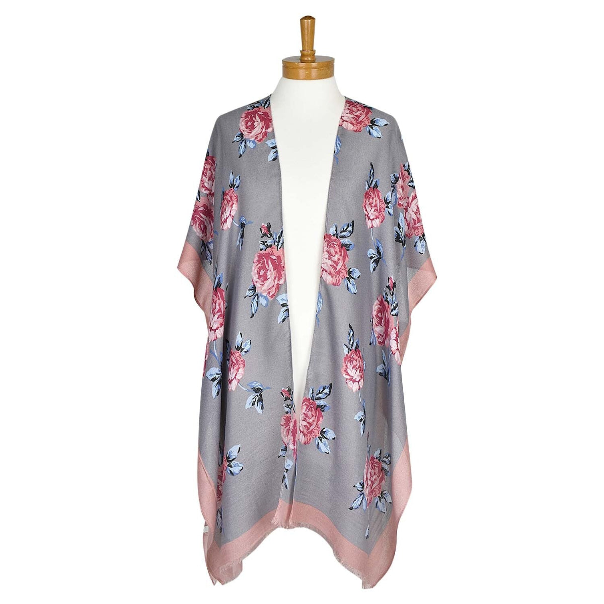 Floral kimono on a mannequin against a white background