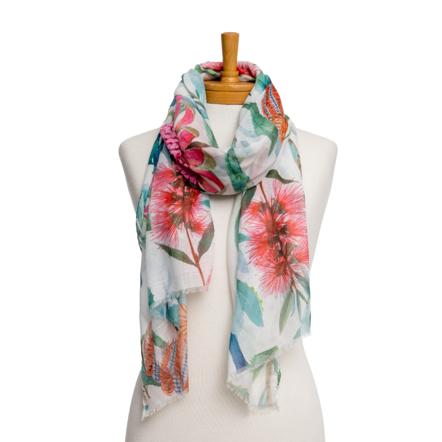 a ladies scarf with Australia bush flowers of Bottlebrush and Waratah and green leaves in colours of red, pink and green