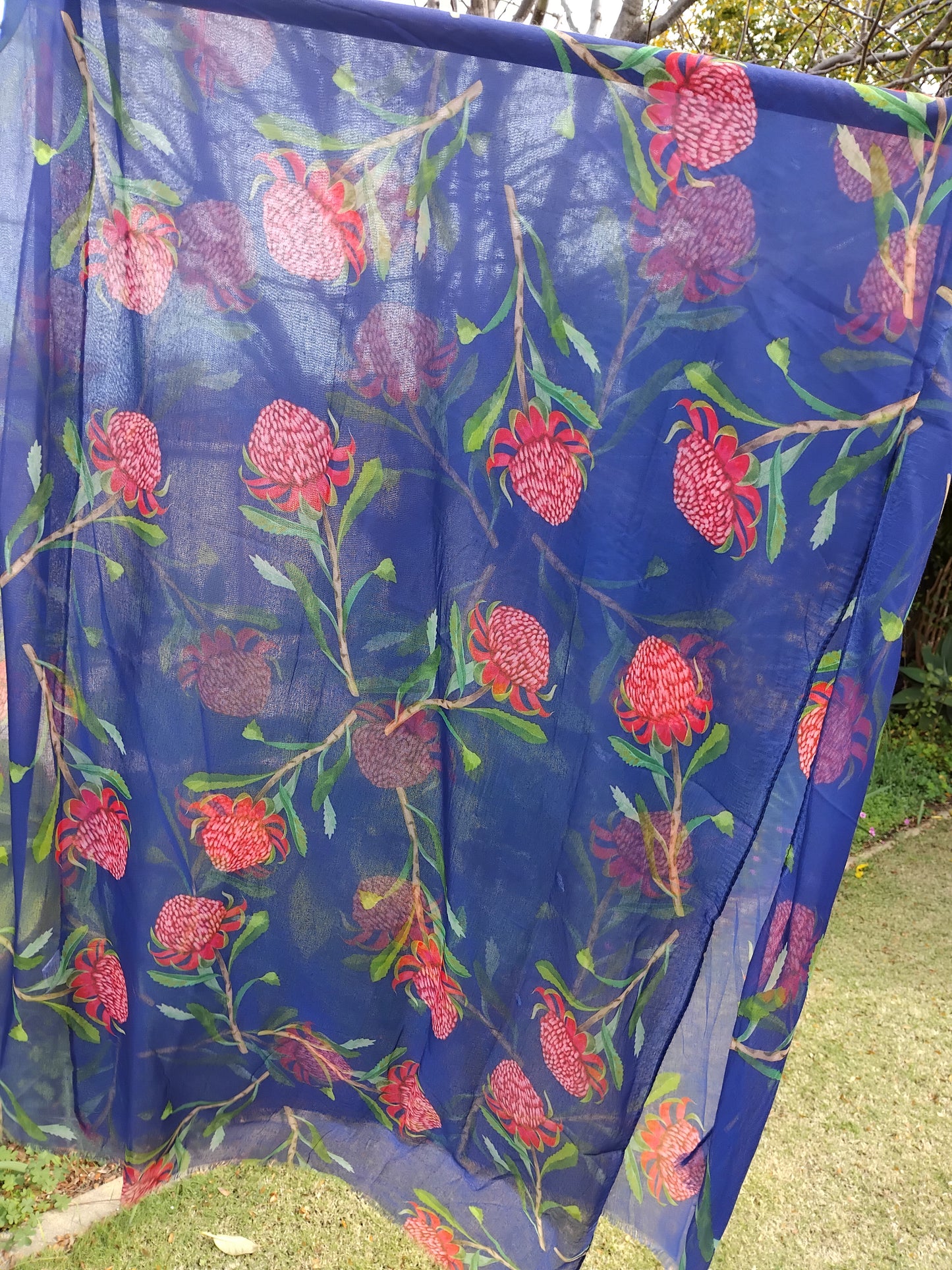 Navy Waratah Flower Cotton Scarf