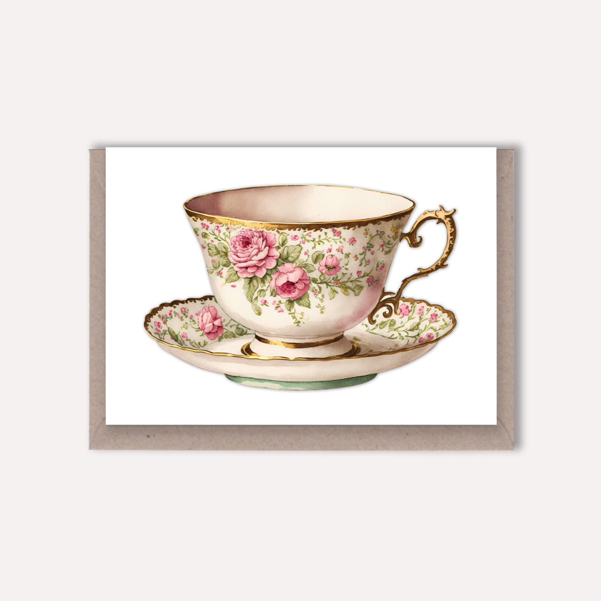 a blank card that has a pink floral teacup