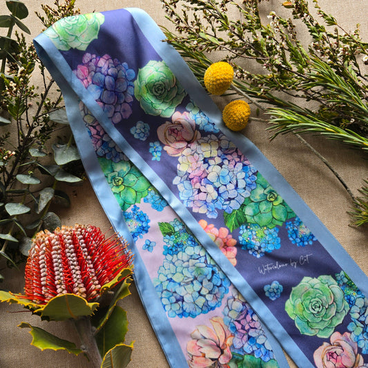 Blue Hydrangea Floral Twilly Scarf