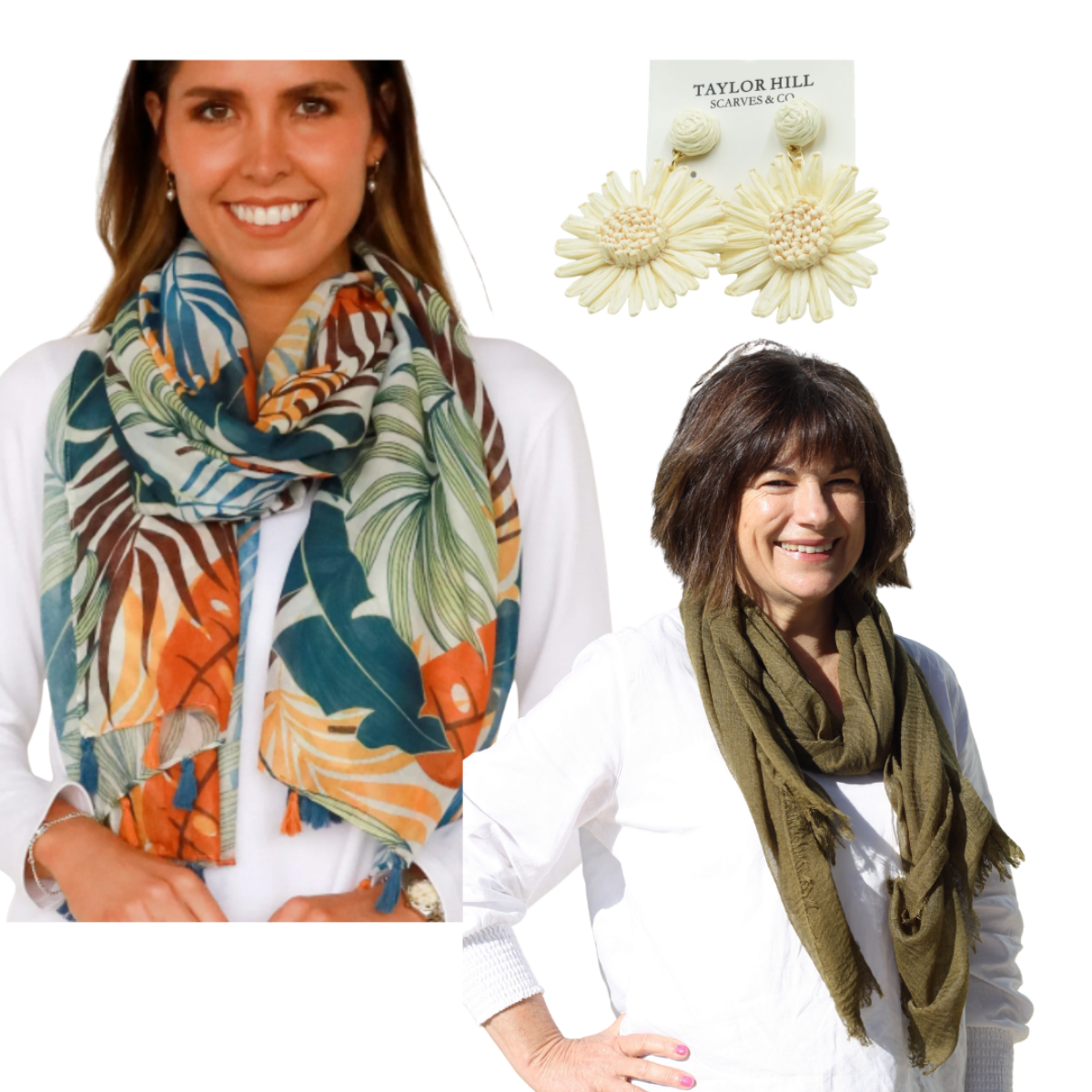 Two women wearing scarves with a close-up of earrings on a white background
