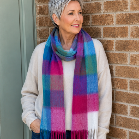 A woman with short gray hair wearing a cream sweater and blue jeans, wrapped in a thick plaid scarf with blue, pink, purple, green, and white stripes, standing against a brick wall.