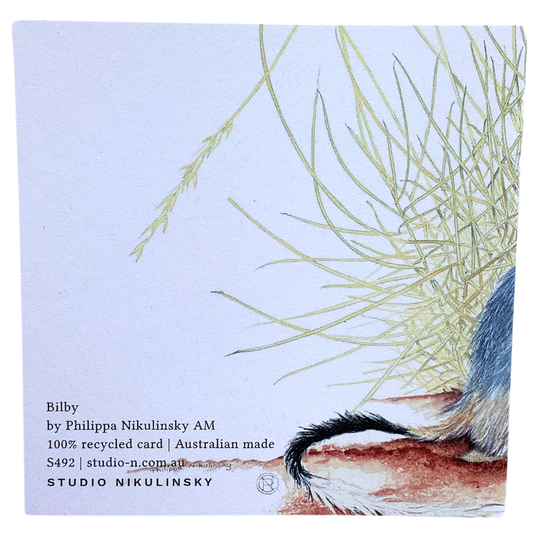 the back of a card that shows an Australian Bilby's tail, artwork is by artist Philippa Nikulinsky.