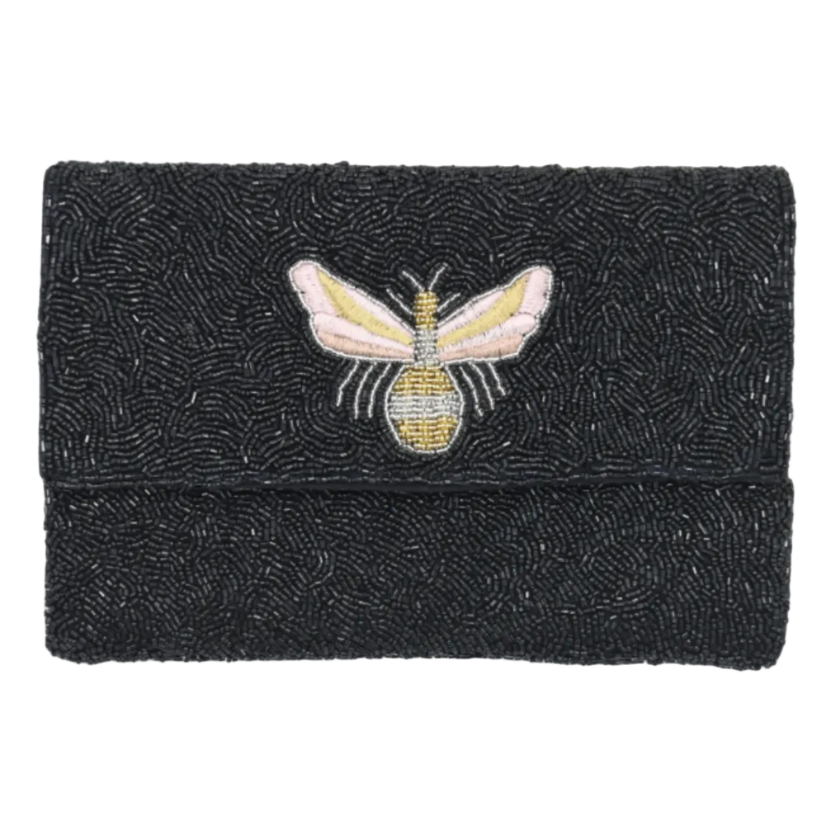 Black beaded clutch with a bee design on a white background