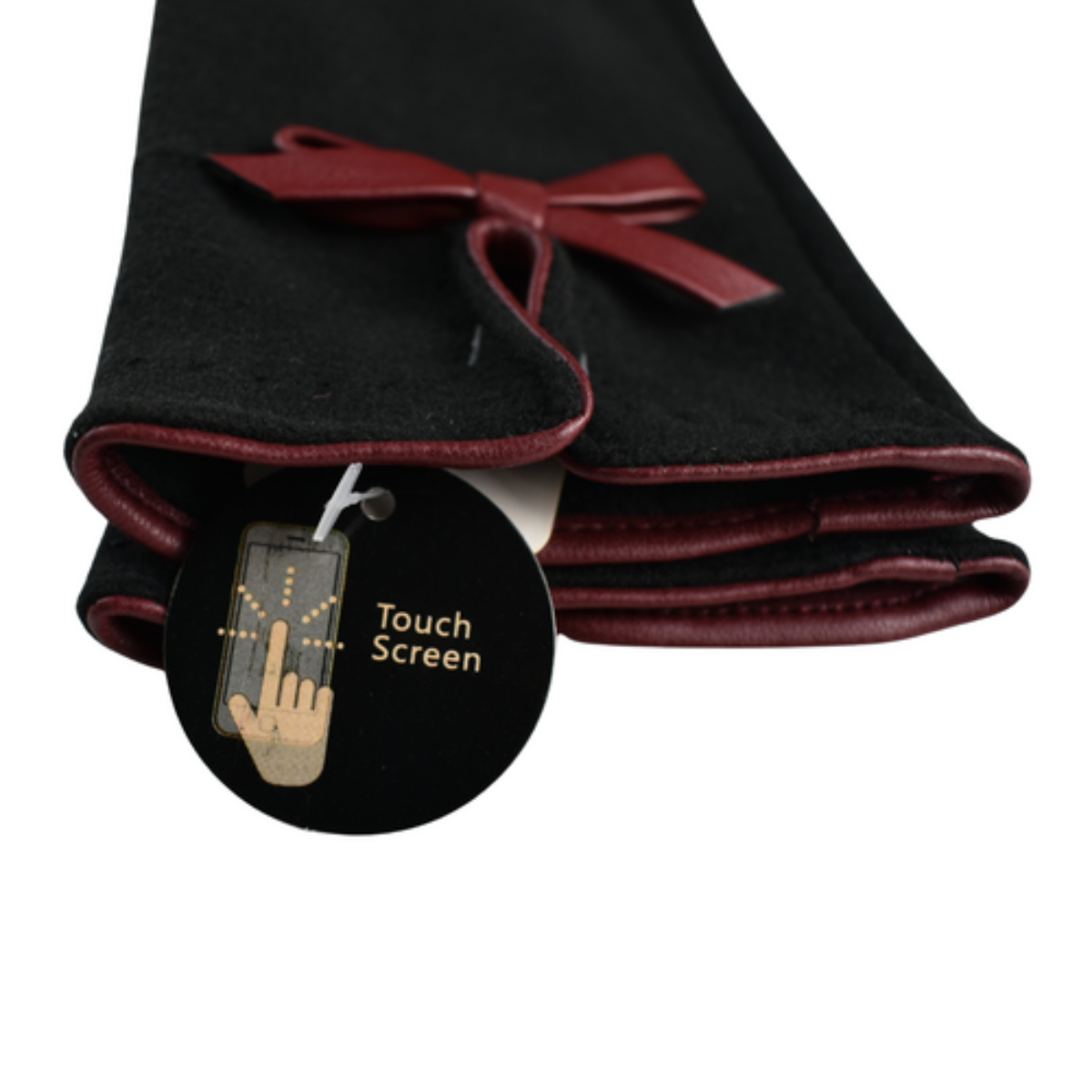 Folded black ladies gloves with red trim and a 'Touch Screen' tag on a white background
