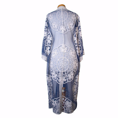Blue lace kimono on a mannequin against a white background