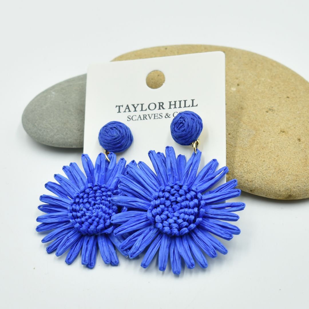 Ladies Blue Flower Raffia Drop Earrings