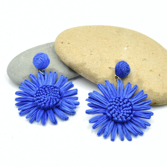 Ladies Blue Flower Raffia Drop Earrings