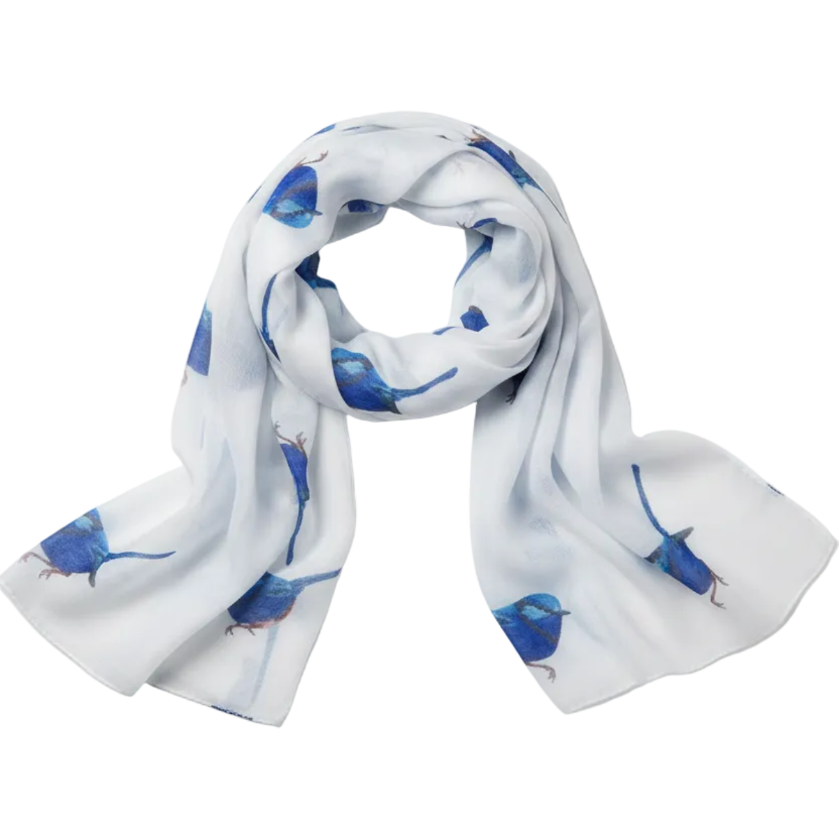 Womens scarf with navy Blue Wrens patterns on a white background