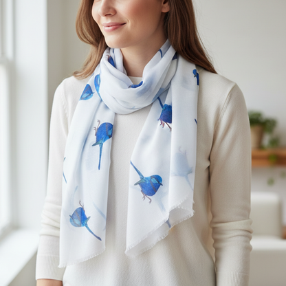 Woman wearing a white scarf with blue wren bird patterns in a bright room.