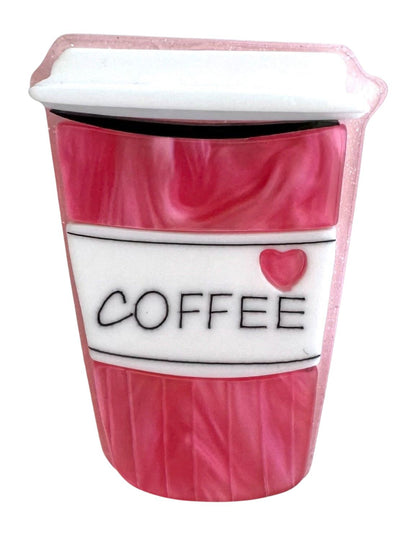 an acrylic brooch in the shape of a takeaway coffee cup with cofee printed on the front 