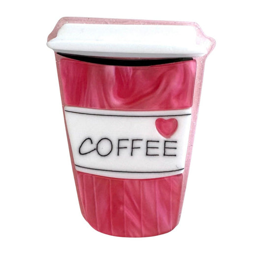 a broochh in the shape of a coffee takeaway cup with the words coffee and a love heart on the front