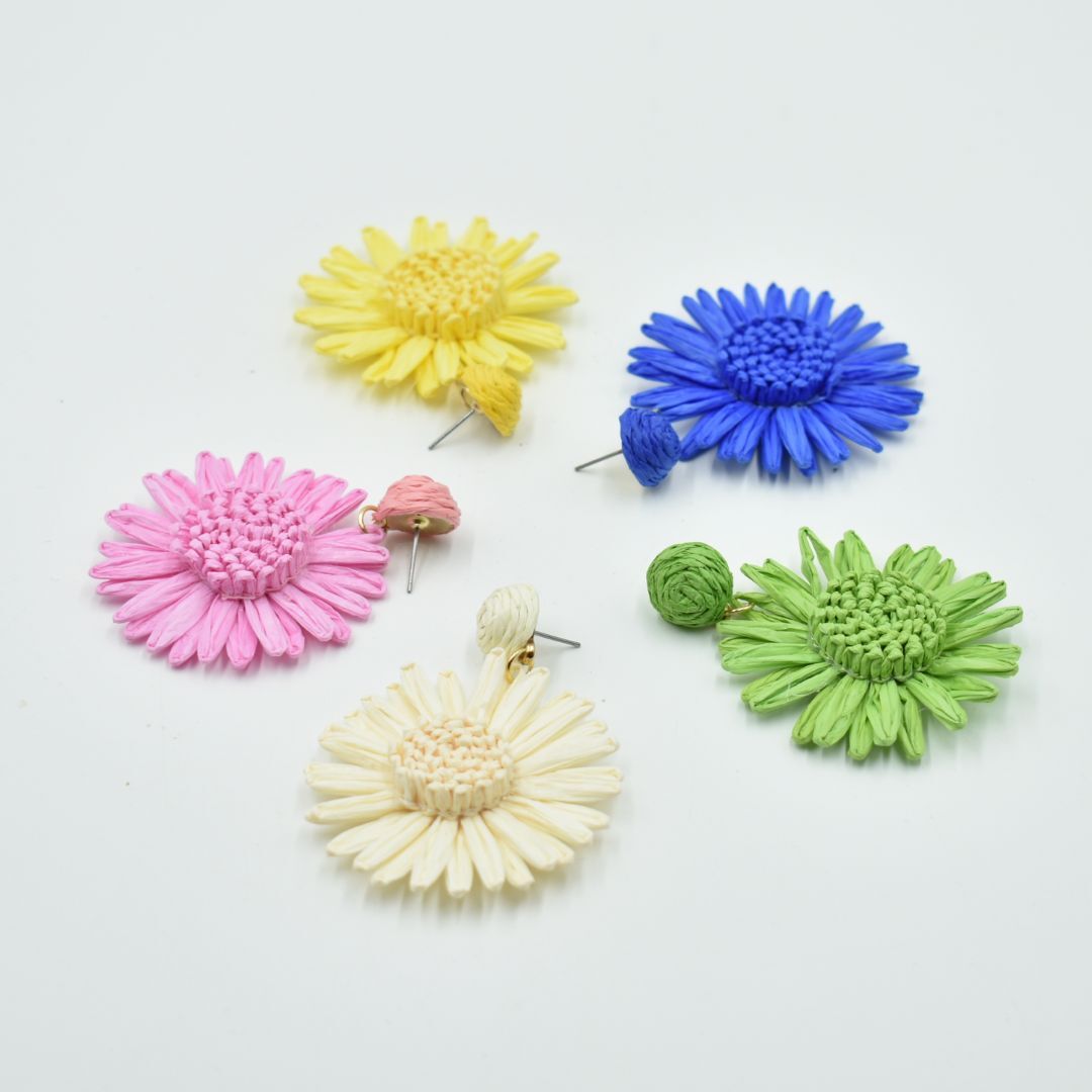 Ladies Yellow Flower Raffia Drop Earrings