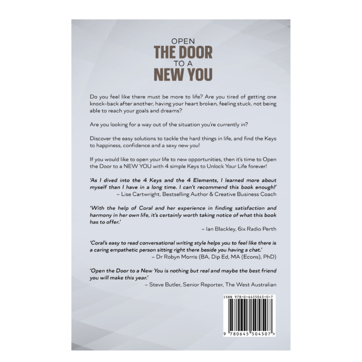 Back cover of a book with text and a barcode on a white background