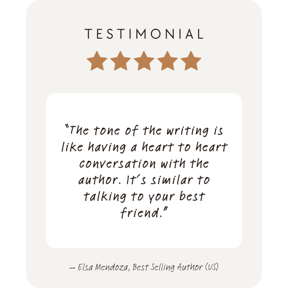 Five-star rating with a testimonial quote from Elsa Mendoza, Best Selling Author (US), on a light gray background.