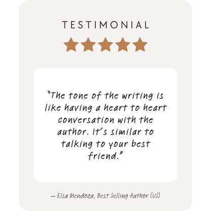 Five-star rating with a testimonial quote from Elsa Mendoza, Best Selling Author (US), on a light gray background.
