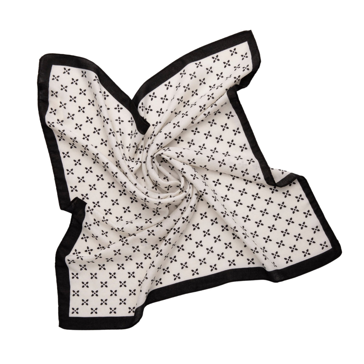 White scarf with black geometric pattern scarf on a white background