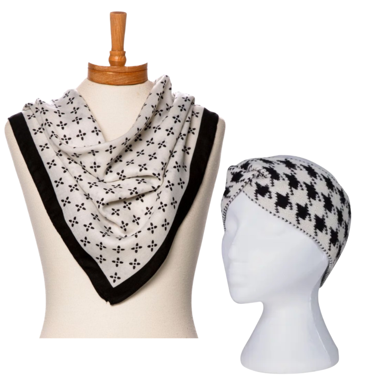 Scarf and headscarf set on mannequin with a white background