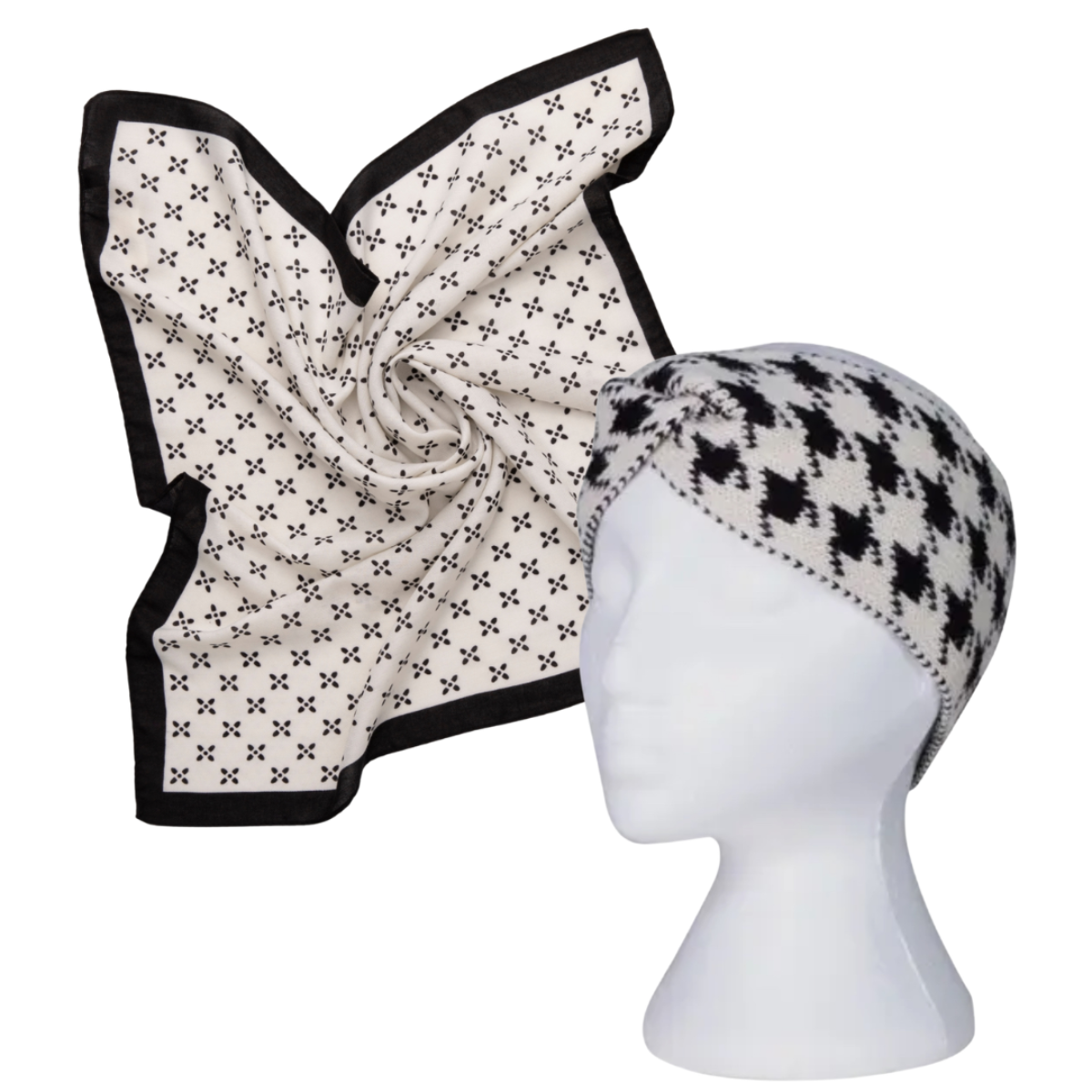 Patterned headscarf and headband on a mannequin head with a white background