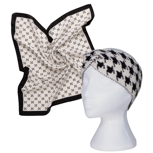 Patterned headscarf and headband on a mannequin head with a white background