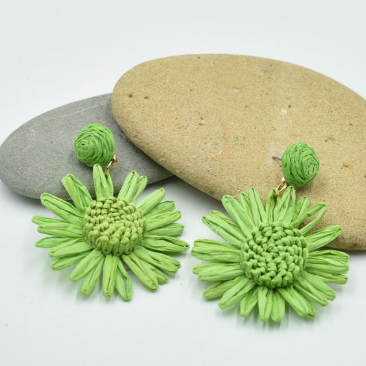 Ladies Green Flower Raffia Drop Earrings
