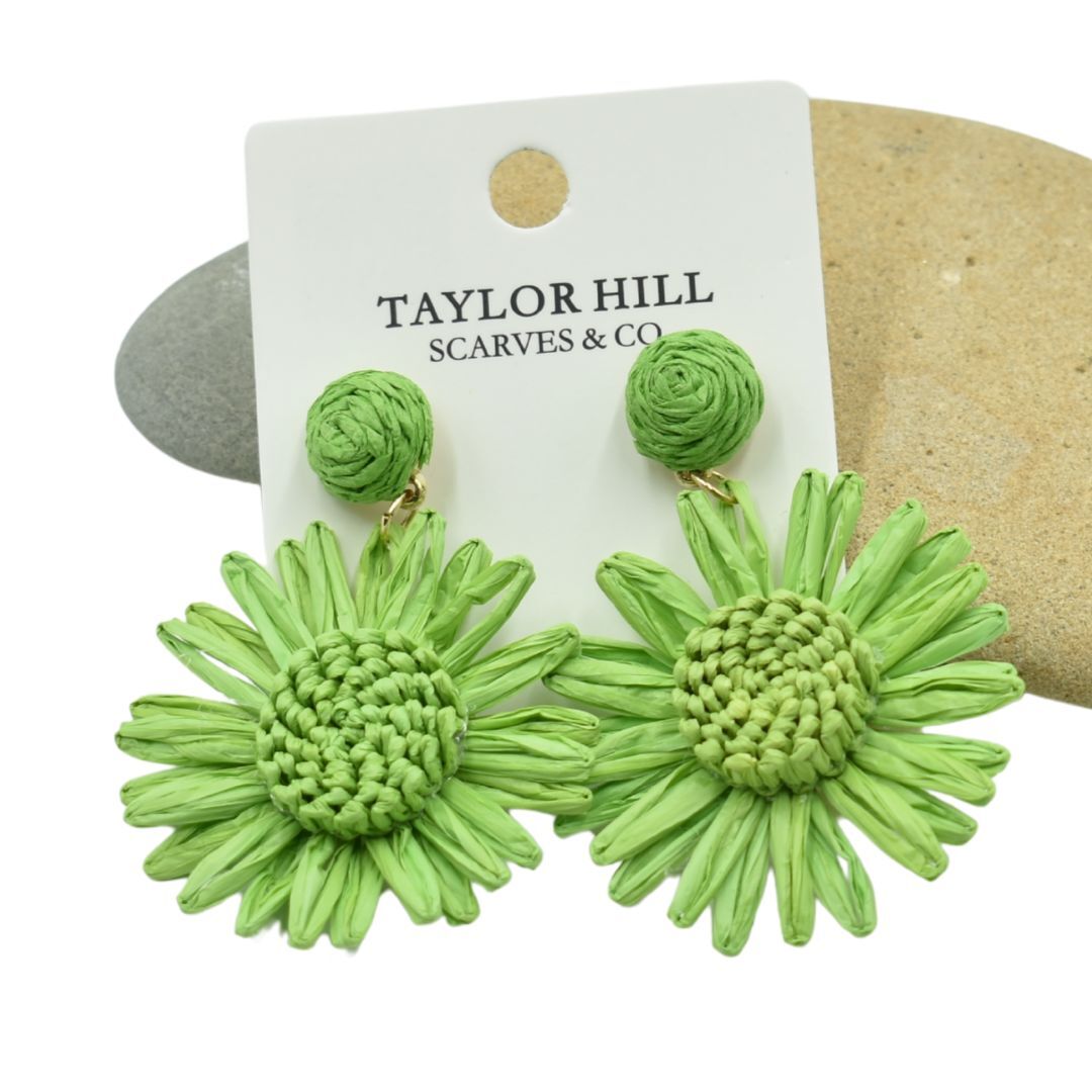 Ladies Green Flower Raffia Drop Earrings
