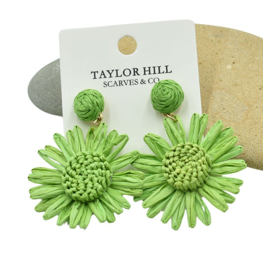 Ladies Green Flower Raffia Drop Earrings