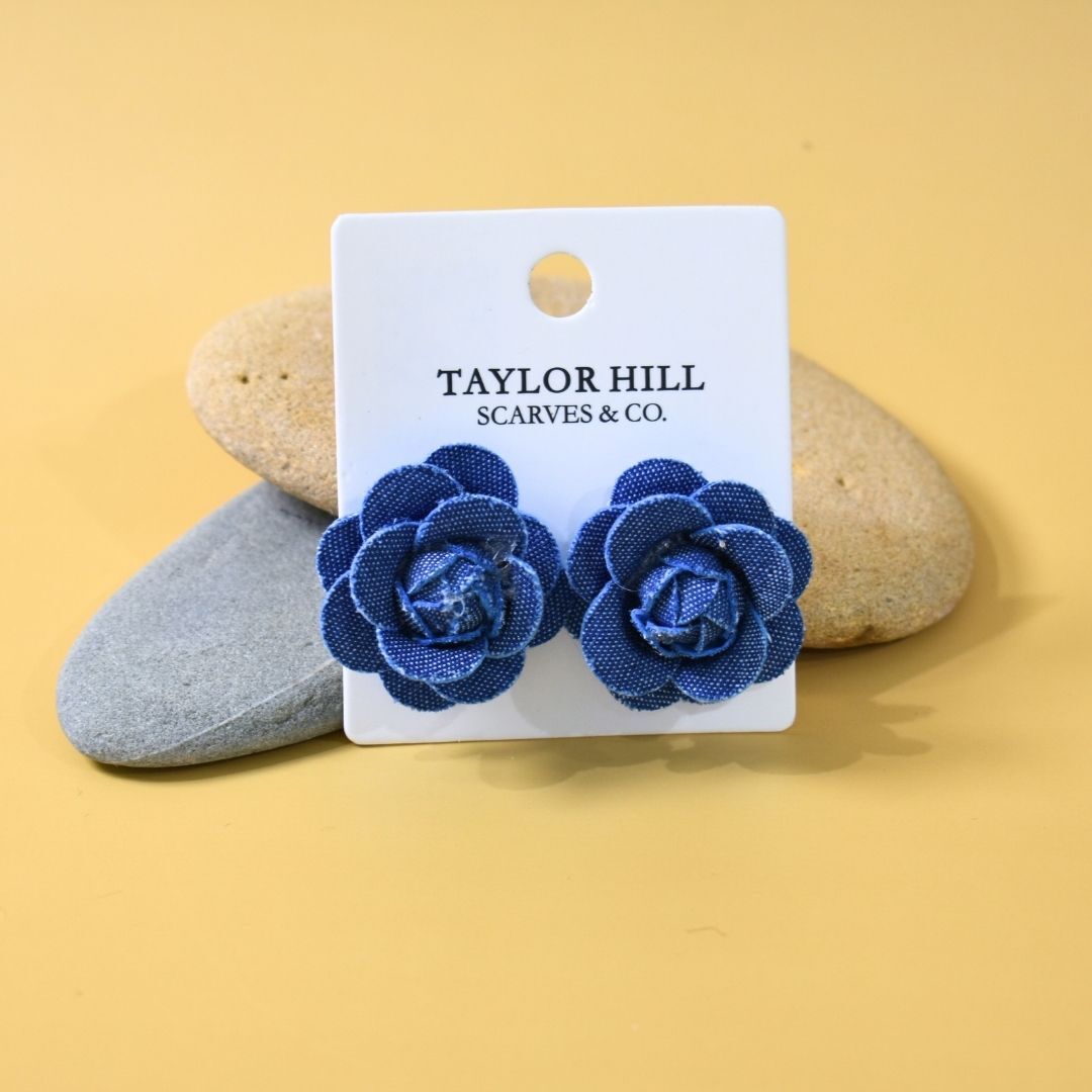 Blue Denim Rose Stud Earrings